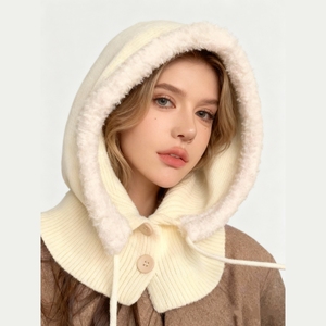 Chapeau Balaclava en Acrylique <span class=keywords><strong>Tendance</strong></span> pour Femmes Printemps Automne Hiver Chaud Quotidien Écharpe Intégrée Protection des Oreilles Tricoté Bouton - Product Image 1