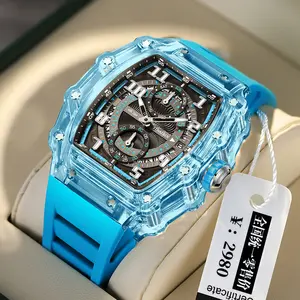 Tali silikon mewah 2024 jam tangan Tonneau Relojes persegi bercahaya transparan jam tangan kuarsa untuk pria