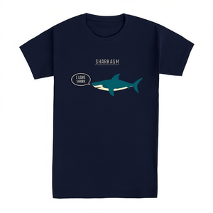 T-shirt Sharkasm blu scuro da uomo, maglietta promozionale con grafica di squali e design divertente - Product Image 2
