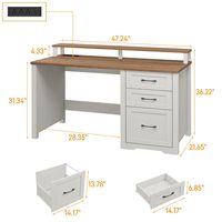 Bureau de direction en bois de style farmhouse de 47 pouces avec 3 tiroirs, éclairage LED, durable, unique, blanc, pour salon