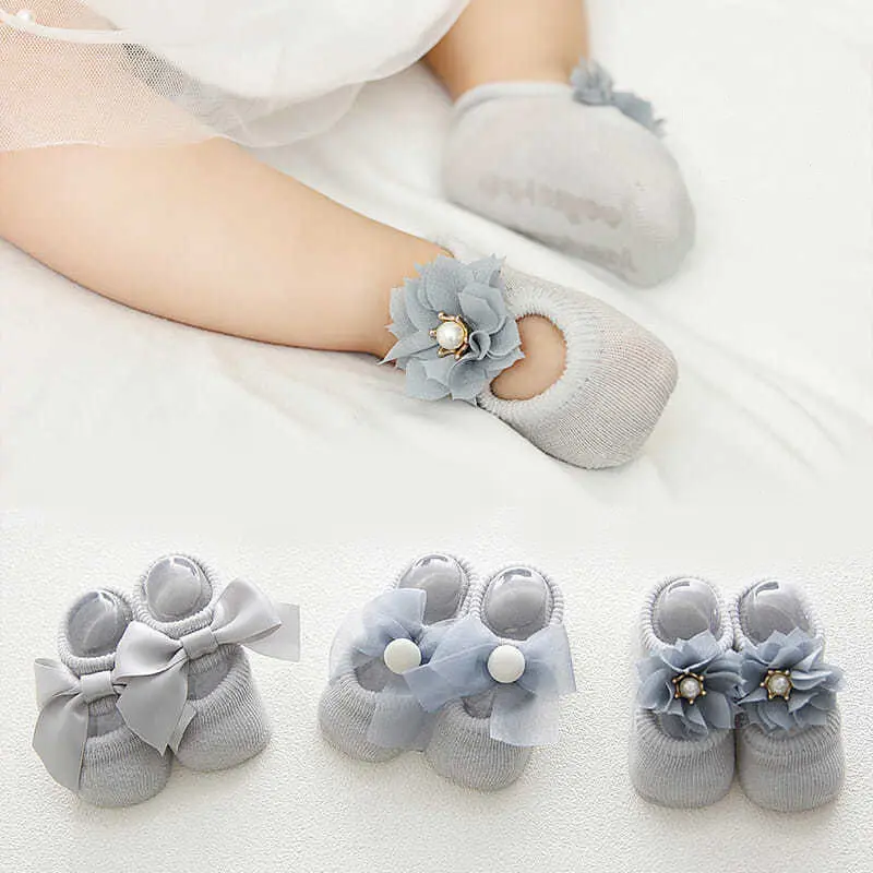 Custom Newborn Girl Socks With Bow Lace Princess Organic Cotton Anti Slip Non Slip Baby Sock Shoes