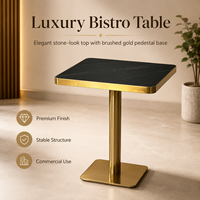 Mesa de Bistro de Piedra Sinterizada Negra de Lujo con Borde Dorado y Base de Pedestal Cuadrado, Muebles Comerciales para Restaurantes