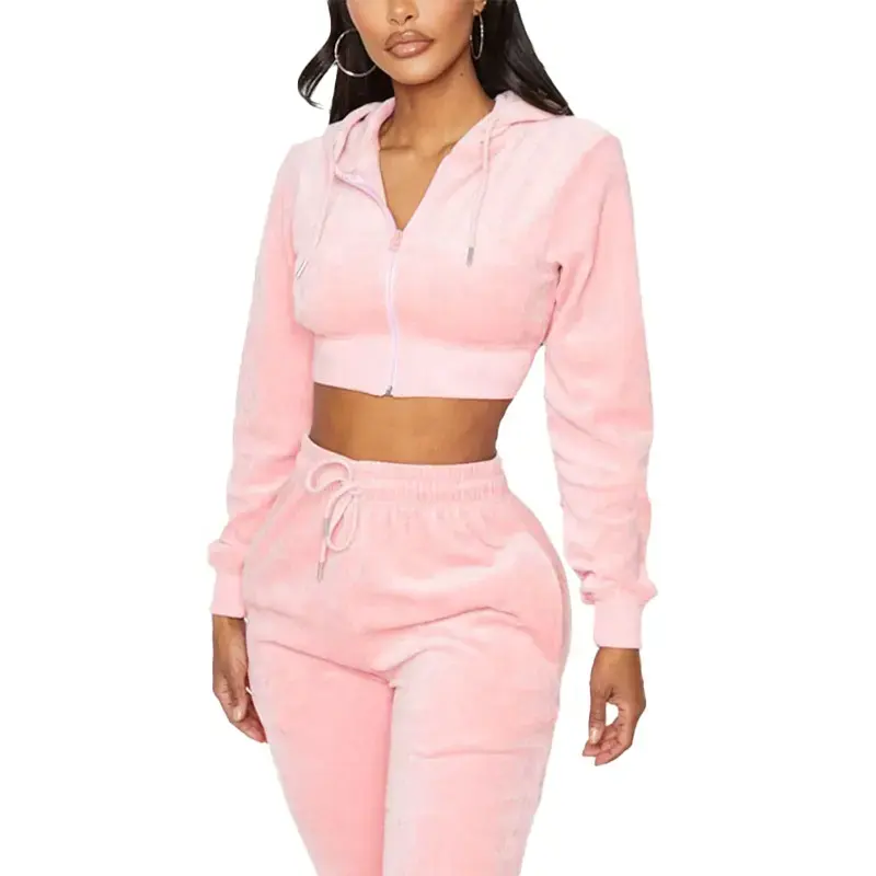 Phong Cách Mới Nhung Tracksuit Crop Tops Set Phụ Nữ Của Casual Áo & Chạy Bộ