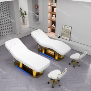 Mobilier de salon moderne et électrique Beauté du visage en cuir artificiel Traitement de spa Table de massage Lit de cils électriques incurvé avec base en or