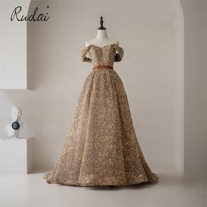 Ruolai LWC6809 abito da sera lucido oro a linea con spalline scollo a V con perline maniche rimovibili con paillettes e abito da festa rosso - Product Image 1