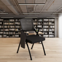 Chaise de formation en maille avec structure en acier, pliable, empilable, accoudoir rotatif, tablette d'écriture intégrée, pour bureau moderne