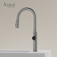 Robinet de cuisine monocommande gris anthracite avec douchette extractible double fonction, col de cygne en laiton, eau chaude et froide