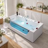Baignoire à remous en acrylique élégante de 1500 mm pour une personne avec panneau latéral transparent, bain de massage ergonomique avec drain