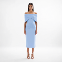 Robe crayon midi chic et élégante pour femme, bleu poudré, à épaules dénudées, côtelée, à manches longues, style Bardot, personnalisée, idéale pour le bureau et les rendez-vous.
