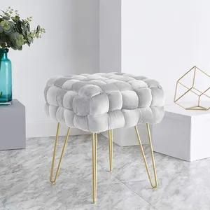 Custom modern nordic living room furniture square velvet woven metal legs ottoman