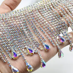 Honor Of Crystal Rantai Kristal Rumbai Mewah Kristal Berlian Imitasi Pinggiran Potongan Berlian Imitasi Rantai Cangkir Kuningan untuk Gaun Pengantin