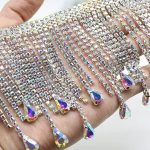 Ehre des Kristalls Luxus Quaste Kristall kette Kristall Strass Fransen besatz Strass Messing Cup Kette für Hochzeits kleid