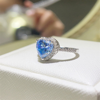 Bague pour femme en argent S925 avec moissanite bleue taillée en forme de cœur, bague de fiançailles romantique pour femme