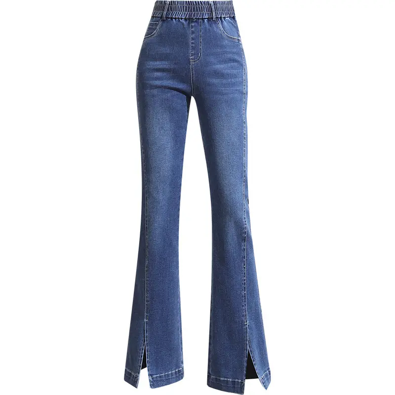 Nieuwe Jeans Vrouwen Hoge Taille Elastische Band Jeans Wijde Broek Diep Blauw Casual Broek Denim Flared Broek vrouwen Split Jeans