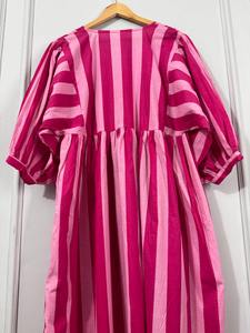 Robe midi rayée en coton pour femme, manches ballon, coupe décontractée, collection boutique ethnique décontractée d'été - Product Image 2