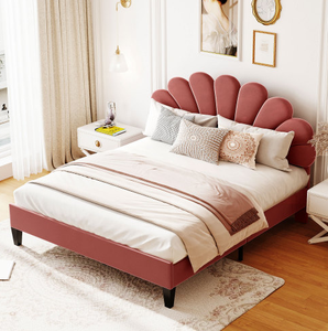 Modern Adjustable <b>Queen</b> <b>Size</b> Red Velvet Upholstered Eco-Friendly Platform <b>Bed</b> Floral Pattern Headboard Soft Style Bedroom - Product Image 2