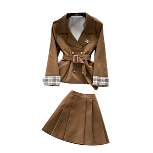 Kadınlar İçin Preppy Tarzı Kruvaze Kemerli <span class=keywords><strong>Blazer</strong></span> ve Pilili Etek 2 Parça Sonbahar Seti - Product Image 5