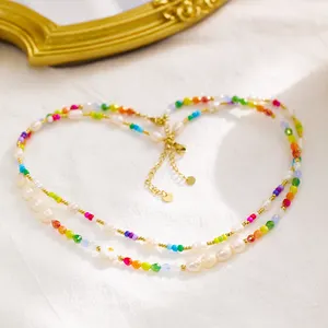 XIXI Summer Chain Women 18k Gold Plated Stainless Steel Natural Stone Pearls Colorful Crystal Beads Fashion Jewelry Necklaces