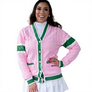 Cardigan en tricot brodé avec lettres grecques Alpha Kapa Sorority - 100% coton, manches longues, design personnalisé, rayures vertes - OEM/ODM - Product Image 2