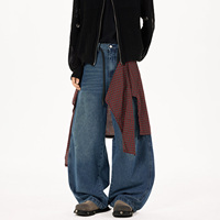 Jean bleu délavé vintage surdimensionné pour homme, coupe décontractée mi-haute, jambe large, respirant, avec panneau arrière détachable, design de marque tendance