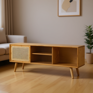 Mobile TV Moderno in Legno con Finitura Naturale e Anta in Rattan, Arredamento per Soggiorno - Product Image 2