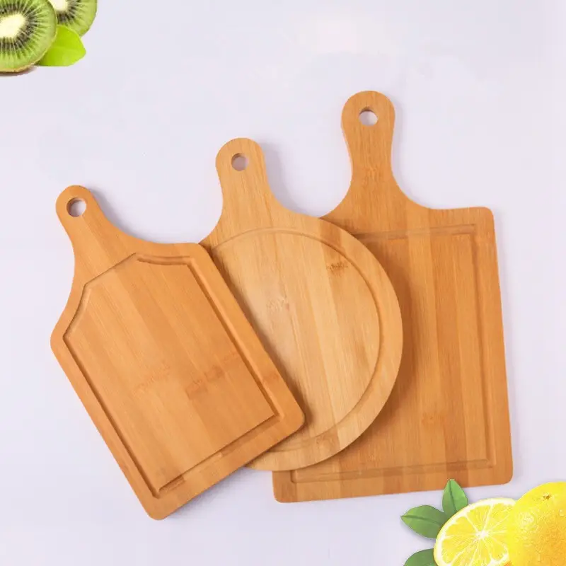Tabla multiusos de 3 formas para cortar verduras, frutas, Pizza, bambú, con mango y ranura de goteo, accesorios de cocina