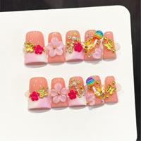 Faux Ongles à Presser Pêche Faits Main, Dégradé Corail, 3D Sucette, Abeille, Papillon, Fleur, Perle Dorée, Lot de 10 Pièces