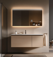 Meuble-lavabo CBMmart au design moderne imitation bois avec vasque en céramique, miroir intelligent et éclairage LED pour appartement