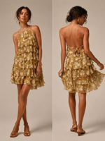 Nouvelle Arrivée Été 2026 USA Australie : Robe Mini Jaune Moutarde à Motifs Floraux, Col Halter et Dos Nu à Nouer