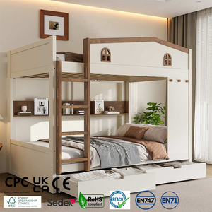 Modern House-shaped Solid Wood Bunk <strong>Bed</strong> with Hooks Storage Shelves Safety Guardrails Optional <strong>Underbed</strong> Drawers or Trundle <strong>Bed</strong> - Product Image 1