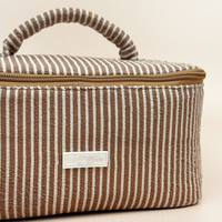 Bolsa de Maquillaje de Viaje para Mujer, Cuadrada, de Gran Capacidad, con Rayas Color Castaño y Asa
