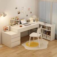 Ensemble 3 pièces moderne en bois de chêne massif couleur crème : Bureau d'angle tout-en-un, Table de maquillage et d'étude pour filles, Armoire de chambre