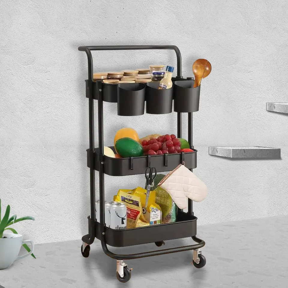 3-tier metal rolling cart vegetable rack kitchen storage rack Carrito De Cocina Household Bathroom Kitchen Trolley with Wheel