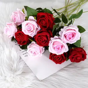 Rosa de veludo vermelho único, rosa de veludo decorativa a granel para casamento