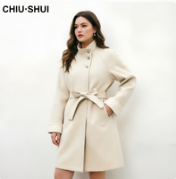 CHIU SHUI Trench-coat crème pour femme, col montant, garniture en dentelle, ceinture amovible, coupe trapèze