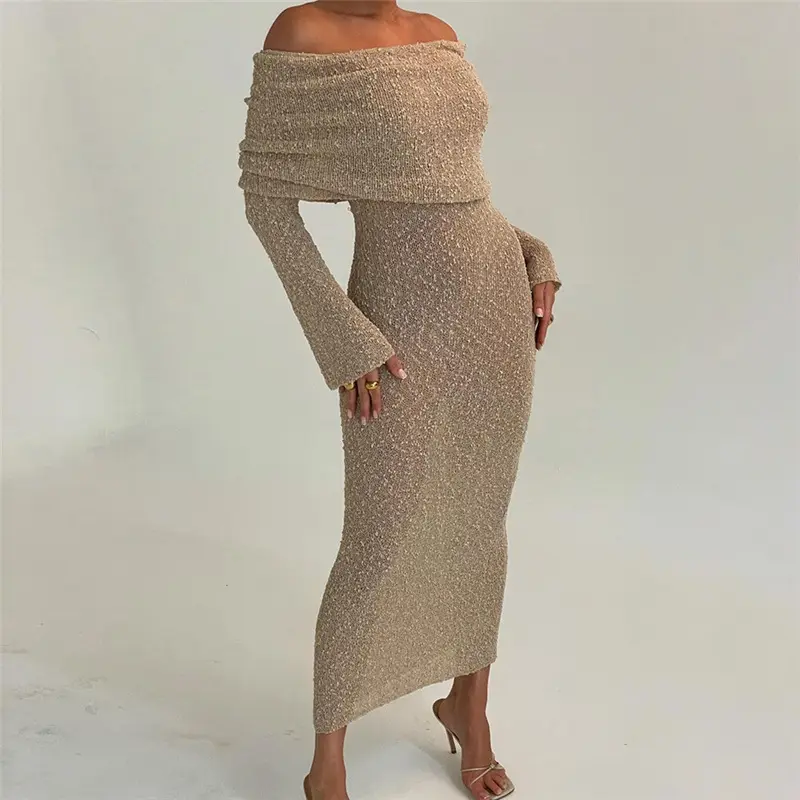 YY0954 autunno 2023 abbigliamento donna manica lunga con spalle scoperte abito casual da donna elegante abito maglione lavorato a maglia