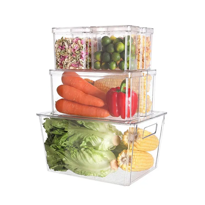 7 Stuk Set Plastic Koelkast Voedsel Opslag Huisdier Doorzichtige Rechthoek Luchtdichte Koelkast Bak Groente Container Set