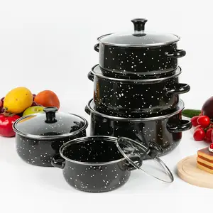 Siyah pot türk dökme demir tencere mutfak pişirme pot emaye büfe tencere seti kapaklı