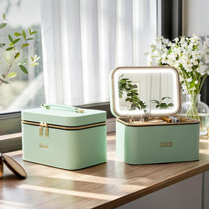 Trousse de Maquillage Portable OBOX avec Miroir, Boîte de Rangement Cosmétique en Velours Côtelé Couleur Unie pour Usage Quotidien Printemps 2025 - Product Image 1