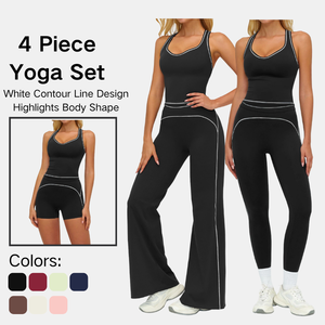 Ensemble quatre pièces pour femmes avec soutien-gorge <span class=keywords><strong>de</strong></span> sport à col en U, short taille haute, leggings et pantalon large avec détails <span class=keywords><strong>de</strong></span> lignes blanches, vêtements <span class=keywords><strong>de</strong></span> sport extensibles et doux - Product Image 1