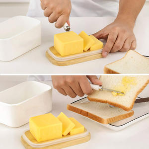 Boîte à beurre nordique 500ml plaque à beurre en céramique avec couvercle en bois et couteau plateau de stockage du fromage récipient à beurre - Product Image 4