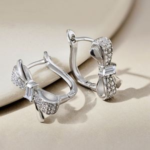 Dylam Dainty Beauty S925 <b>Silver</b> Fine Jewelry Hypoallergenic Rhodium Plated Diamond 5A Cubic Zirconia Bow Tine <b>Hoop</b> Earrings - Product Image 3