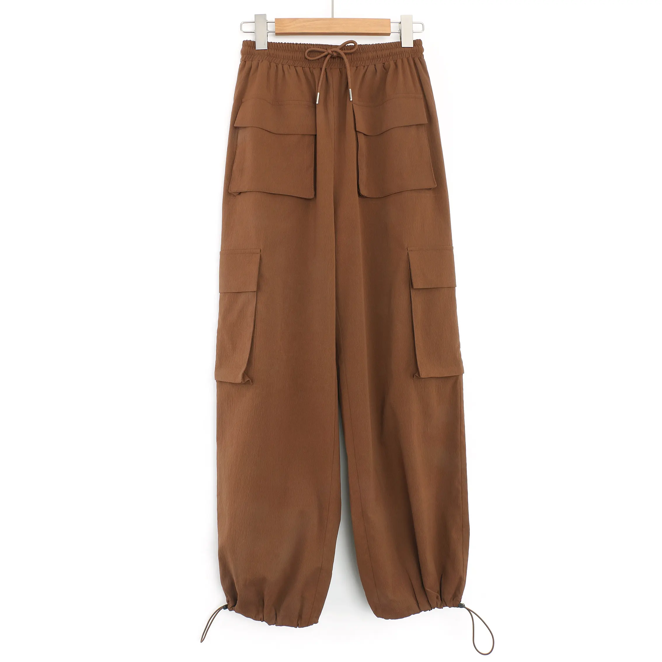 Custom Expert Pants Supplier Women Brown Long Trousers Wide Leg Side Pockets Bottom Elastic Cord Cargo Pants For Ladies