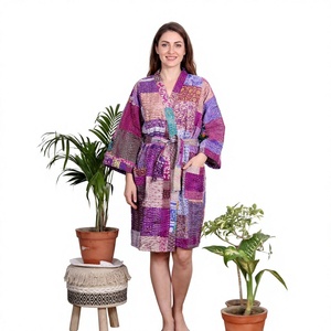 Robe Kimono en Coton pour Femme, Col en V, Fermeture à Ceinture, Imprimé Floral, Douce, Légère, Respirante, Séchage Rapide, Tissée de Luxe, Automne - Product Image 1