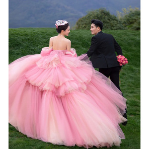 Mori Girl Style Pink Tulle Ball Gown Wedding Dress Strapless Empire Waistline With Train For Outdoor Photoshoot - Product Image 4