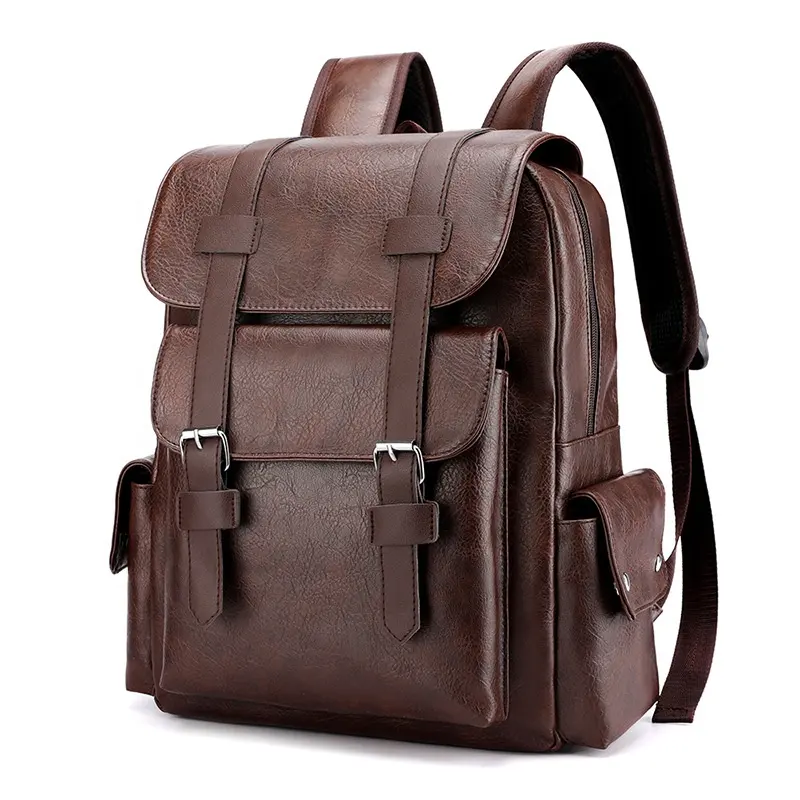 Vintage Wandelen Reistas Camping Rugzak 15 Inch Laptop Rugzak Pu Lederen Rugzak Voor Mannen Casual Sport Student Rugzak