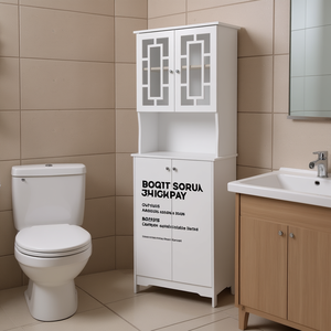 Meuble de rangement gain de place pour salle de bain, à poser au-dessus des toilettes, 2 niveaux, étagères en verre, fixation murale, design minimaliste blanc - Product Image 2