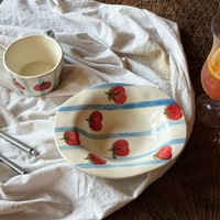 Assiette en céramique Blue Mist Persimmon, rayures bleu clair, irrégulière, façonnée à la main, tasse à café, assiette à fruits profonde elliptique