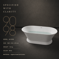 Baignoire ovale autoportante en pierre artificielle, finition haute brillance, profil latéral continu, longueur personnalisable, couleur et motif au choix, pour hôtel et maison
