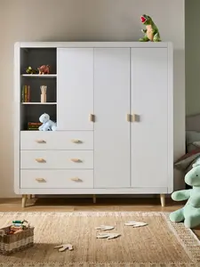 ตู้เสื้อผ้าไม้สีขาวทันสมัย 3 ลิ้นชัก 3 บานประตู พร้อมชั้นวางของแบบเปิด 3 ชั้น ดีไซน์ขอบโค้ง ตู้เสื้อผ้าเด็กสำหรับเฟอร์นิเจอร์ห้องนอน - Product Image 1